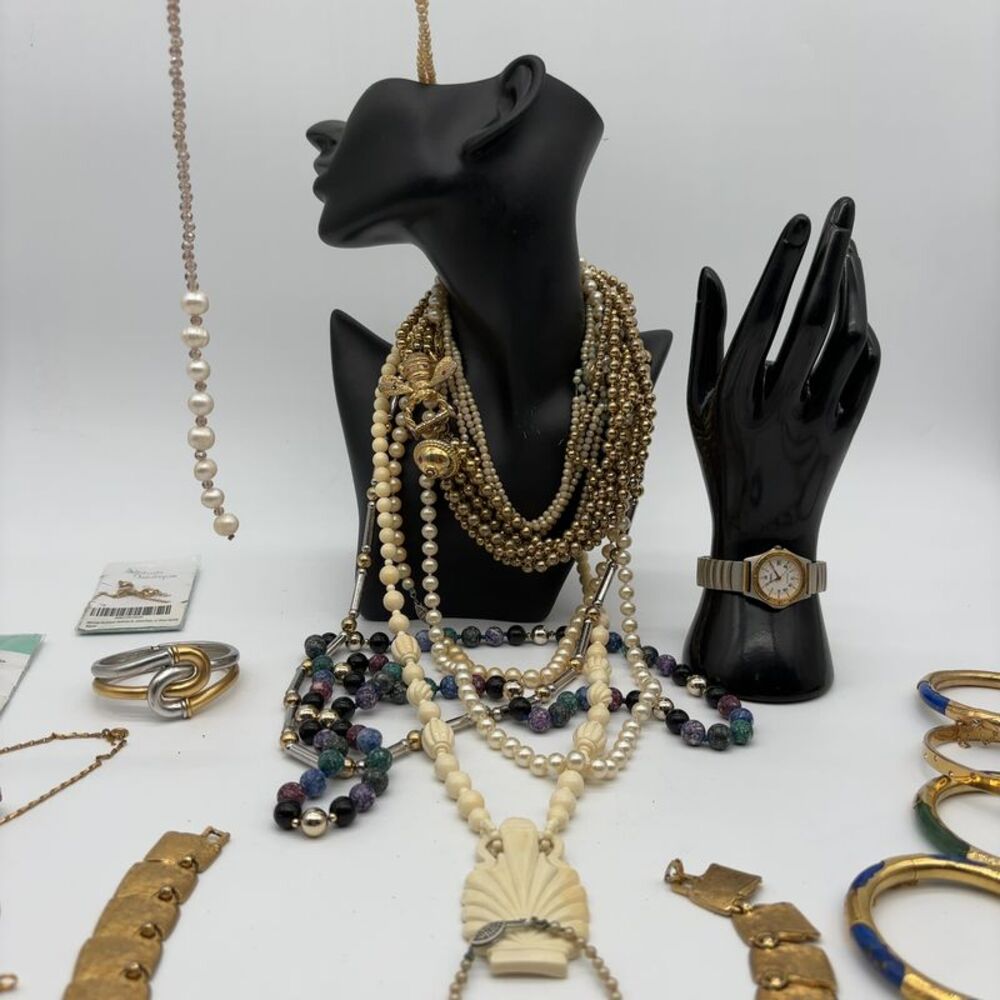 Various Pearl and Gold Toned Jewelry Necklaces, Earrings, Bracelets